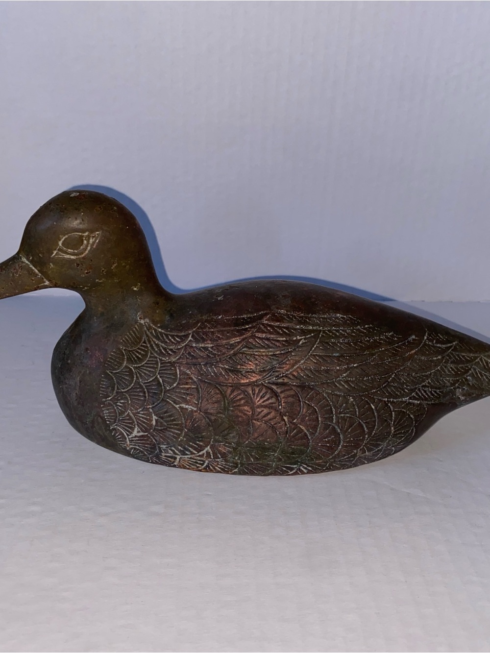 Vintage 9.5” Etched Brass Mallard Duck Figure with feather and eye details